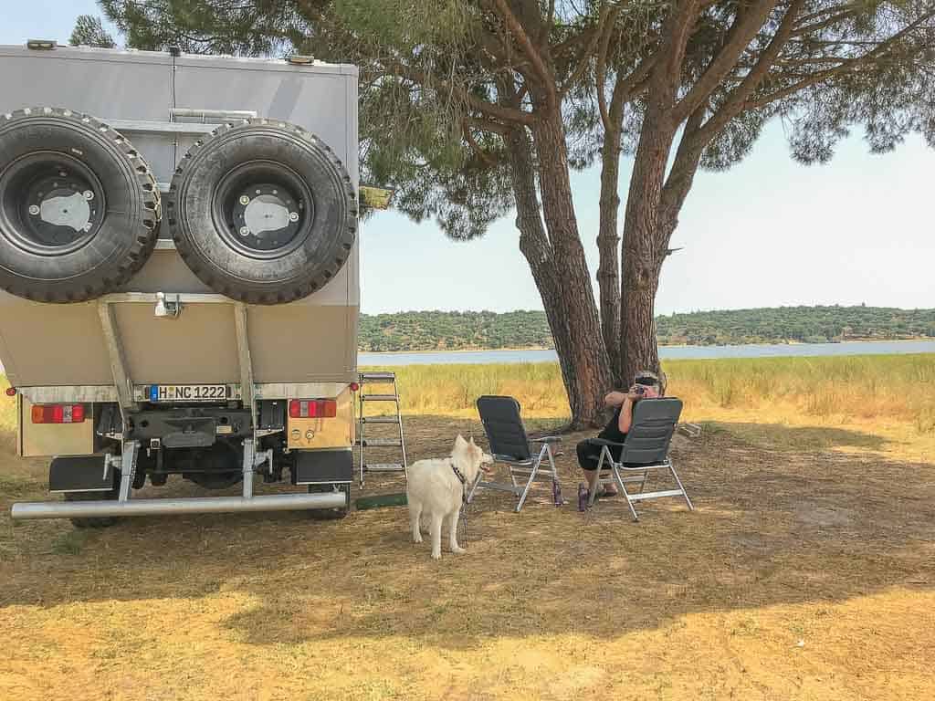 schattenparkplatz-am-montargil-stausee Schattenparkplatz im Barragem de Montargil unter einer Pinie