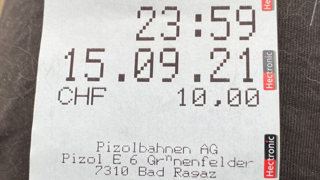 Parkscheinbeleg des Parkplatzes der Seilbahn in Sargans